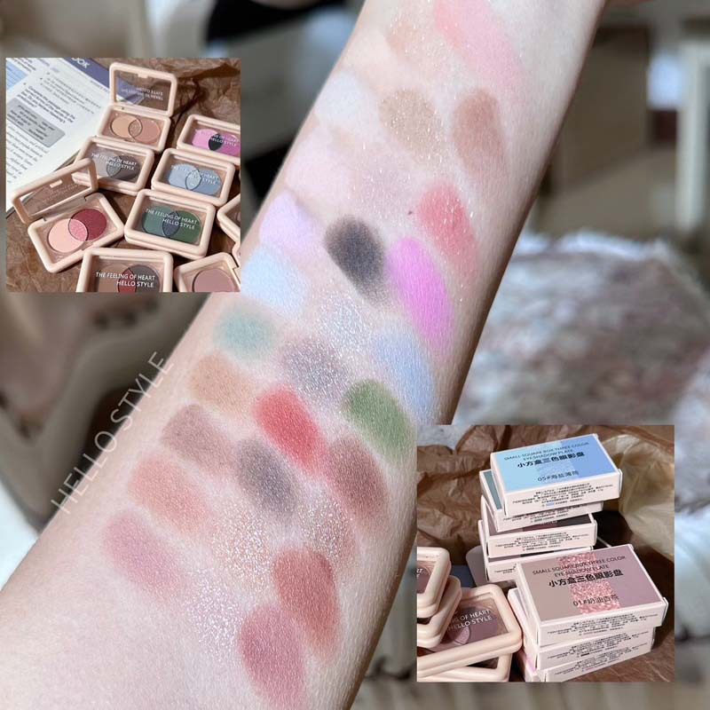 Hola estilo ~ Caja cuadrada pequeña, paleta de sombras de ojos de tres colores, brillo fino nacarado, paleta de rosas de sombra de ojos mate de color tierra seco