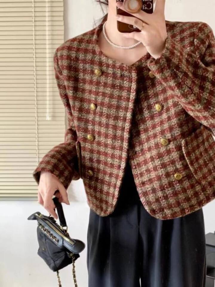 Áo khoác nữ ngắn kẻ ca rô cổ tròn tay dài phong cách thanh lịch — Mẫu chất lượng cao màu cam chi tiết 8
