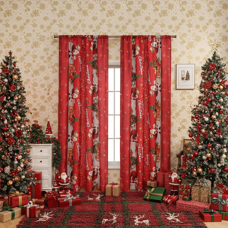 New American-Style Christmas Curtains with Red Christmas Prints, Blackout Rectangular Decorative Fabric Finished Curtains New American-Style Christmas Curtains with Red Christmas Prints, Blackout Rectangular Decorative Fabric Finished Curtains