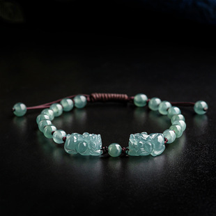 High-End Natural A-Grade Jade Ice Seed Blue Water Pixiu Bracelet Hand-Woven Hand Rope Tongcai Jade Pichu Women's Model