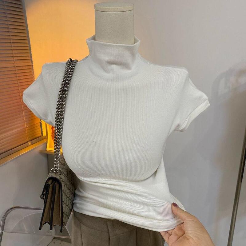 European New High Collar Vertical Collar Thickened Branding Short-sleeved Slim-fit T-shirt Women's Wrapping Good Thread Western Style Base Shirt