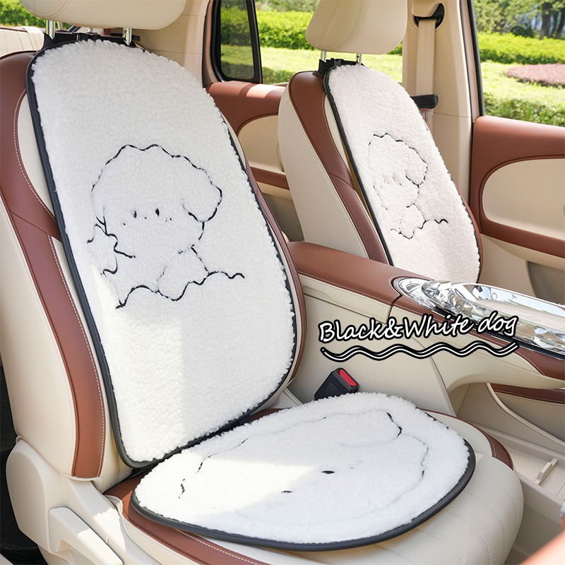 車の座布団の羊の小毛の漫画の刺繍の車用の滑り止めの保温のシートクッションのアイデアの白黒の犬の車のシートカバー|undefined