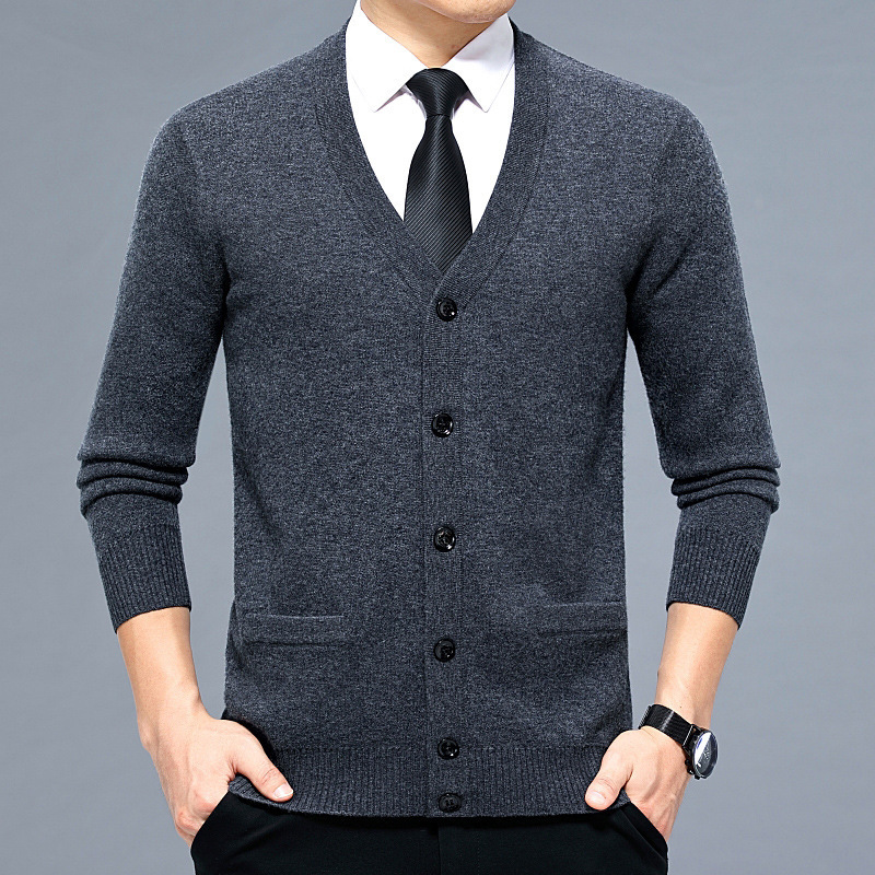 Men's Cashmere Cardigan, Casual, Warm, Thickened, for Middle-Aged Dads, 100% Cashmere Knitwear