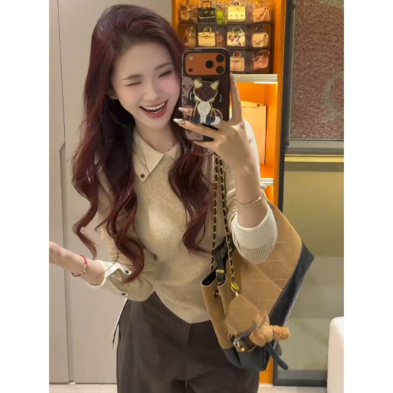 2025 Autumn Polo Collar Fake Two-Piece Fashionable Slimming Look Bottoming Shirt Top Wool Knitwear for Women