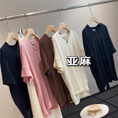 外国貿易輸出福祉! 春夏の薄いリネン混紡vネック麻半袖tシャツの女性