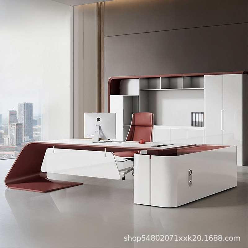 High-End Lacquered Executive Desk and Chair Set with Bookcase, Simple and Stylish, Light Luxury Ceo Desk, Boss Desk, Executive Desk