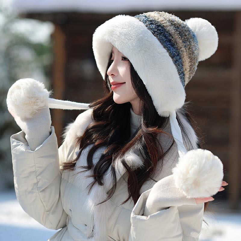 毛线彩色针织帽女冬季三毛球加绒加厚保暖东北防寒毛边护耳毛球帽