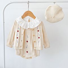 nis2023 Spring and Autumn Baby Male and Female Baby Embroidered Cotton Knitted Jacket + Strap Harness Romper Two-piece Suit
