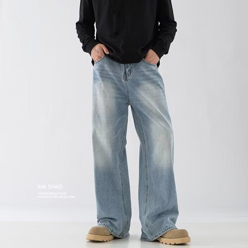 Cross-border new men and women unisex four-season items, retro Hong Kong style, worn-out loose wide-leg floor-length jeans wholesale