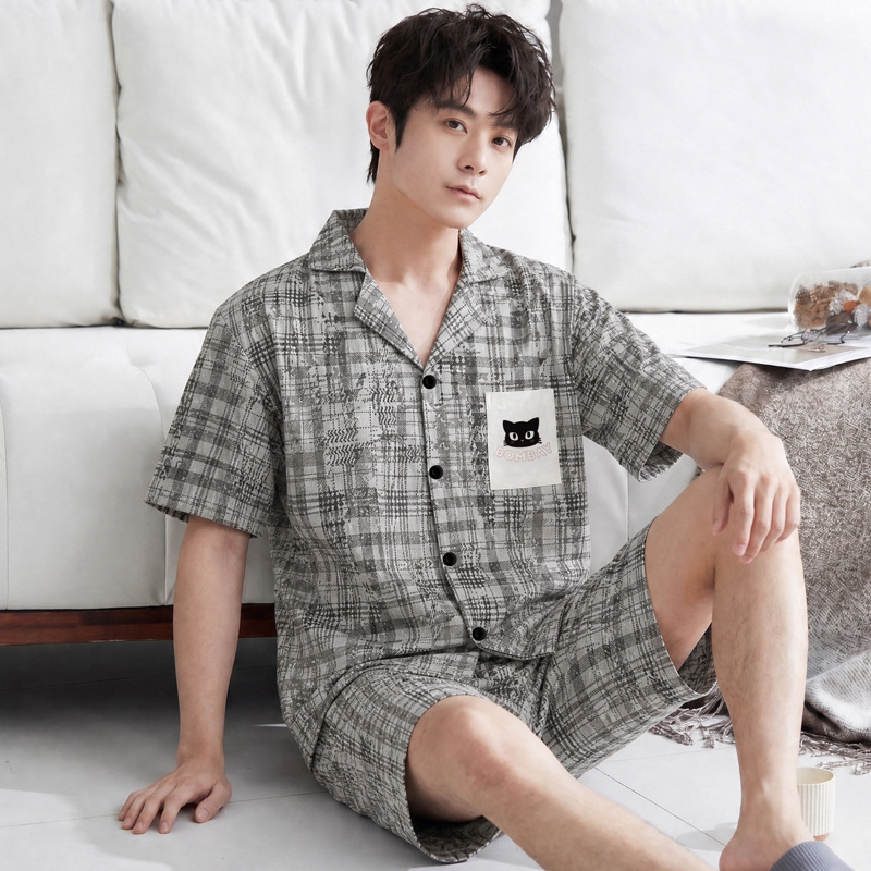 Cartoon design plaid men's pajamas, women's summer imitation cotton short-sleeve set, casual youth home wear wholesale