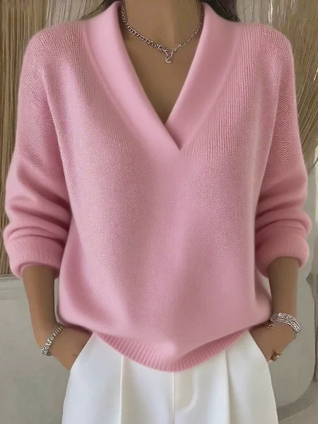 2025 European and American Knitted V-Neck Loose Knitwear Autumn and Winter New Cross-Border Pure Color Casual Fashion Women's Knitwear