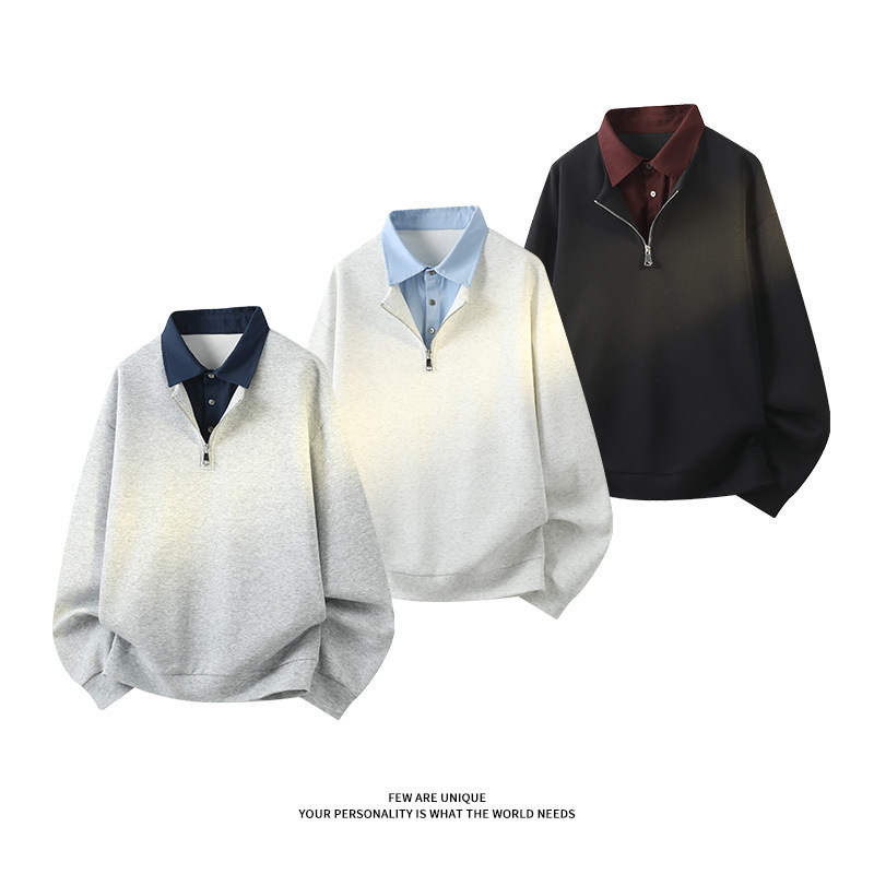 Fake Two-Piece Shirt Collar Sweatshirt for Men, Spring and Autumn 2026 New Style, Half-Zip Polo Shirt, Long-Sleeve Inner Layer Top T-Shirt