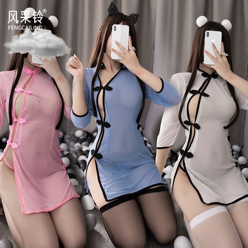 Sexy see-through cheongsam cardigan sexy underwear with buttons that can be unbuttoned passion suit soft mesh skirt pajamas