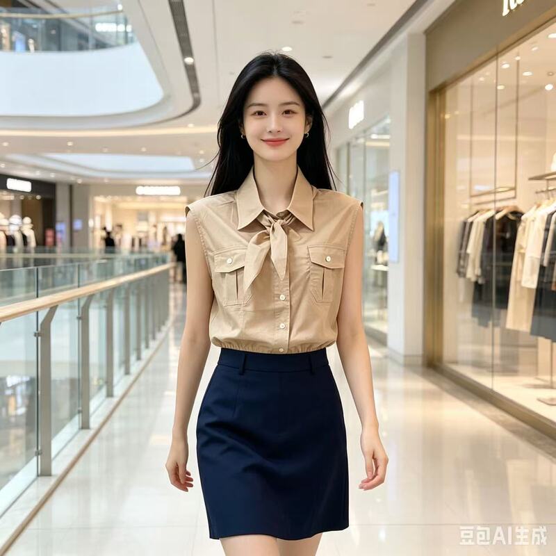 Celebrity-style pink bow tie collar sleeveless short shirt top for women Celebrity-style pink bow tie collar sleeveless short shirt top for women