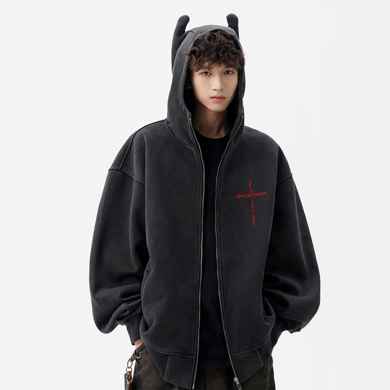 American Heavyweight Street Washed Hooded Sweatshirt for Men and Women Trendy Brand Autum New Little Devil Design Cardigan Jacket American Heavyweight Street Washed Hooded Sweatshirt for Men and Women Trendy Brand Autum New Little Devil Design Cardigan Jacket