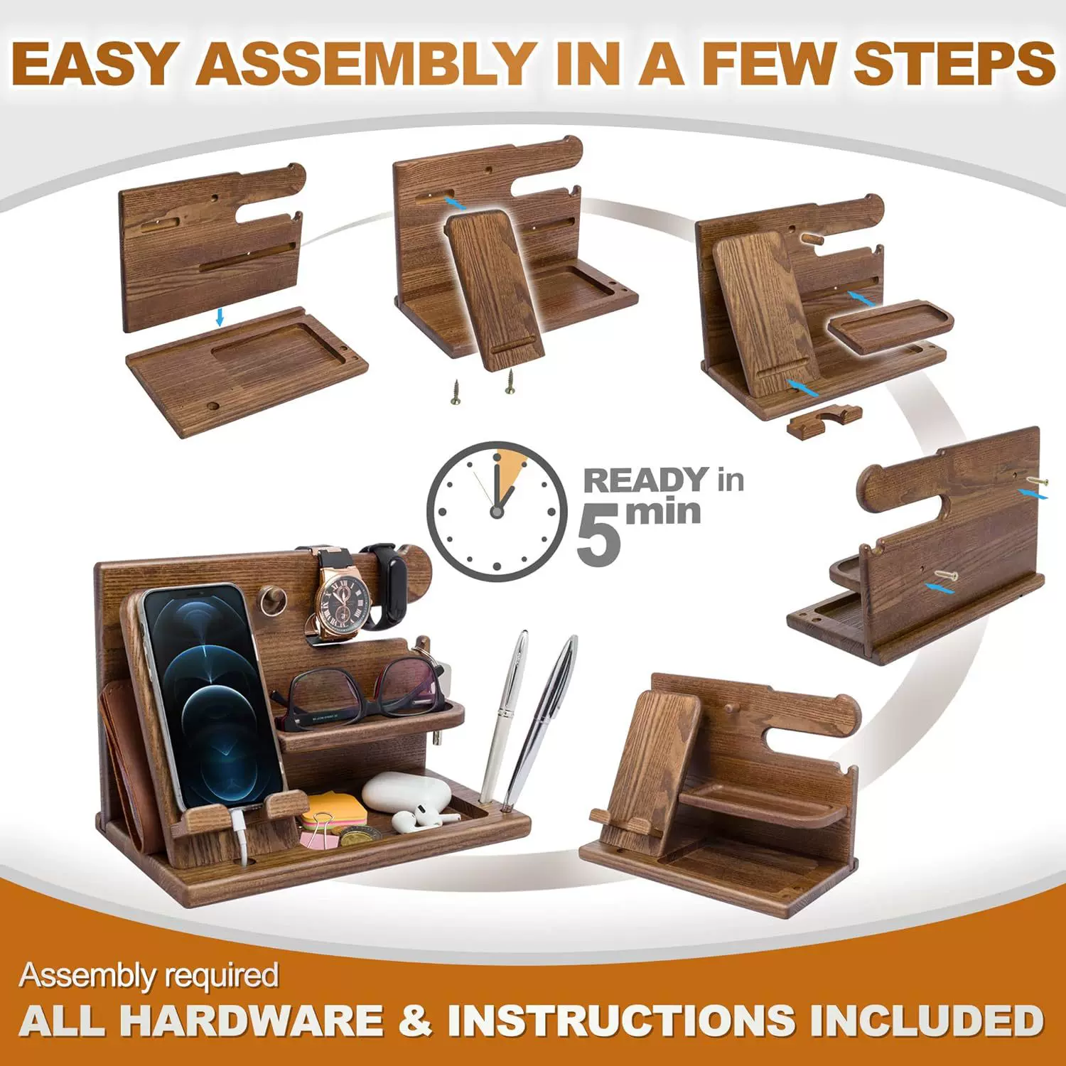 天然木材实木雕刻办公室桌面实用收纳盒手机支架多功能创意实木架