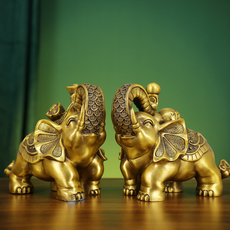 黄铜大象摆件一对铜象家居客厅酒柜办公室全铜吸水象装饰工艺品