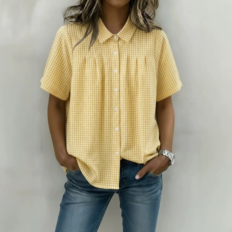 Women's Clothing Summer Women's Plaid Short Sleeve Shirt Casual Lapel Fashionable Versatile Style Top For Formal & Casual For Women_ecoleips.com