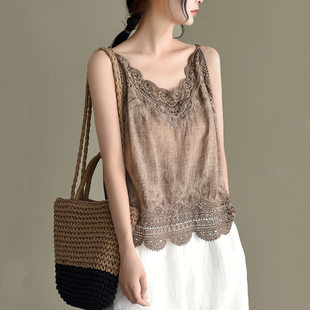 Summer cotton bra top, base lace T-shirt sleevless, cotton and linen, with embroidery, lifting effect, loose fit