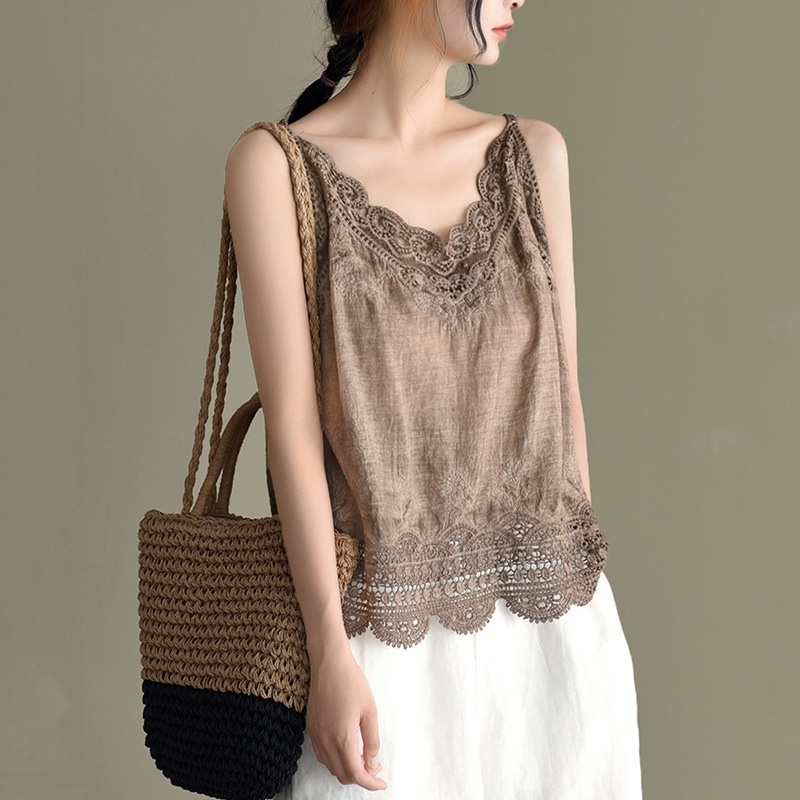 Summer Cotton and Linen Small Vest Pure Cotton Inner Base Hollow Embroidered Lace Sling Loose Linen Sleeveless Top for Women