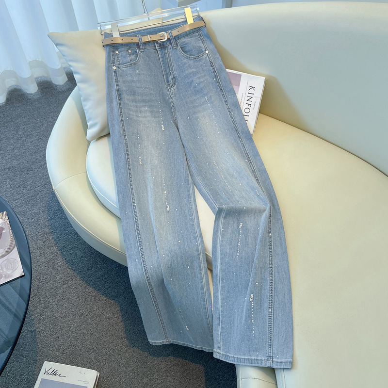 2026 Spring and Autumn Rhinestone Jeans for Women High Waist Light Blue Comfortable Slim Fit Wide Leg Pants Slimming Straight Casual Long Pants
