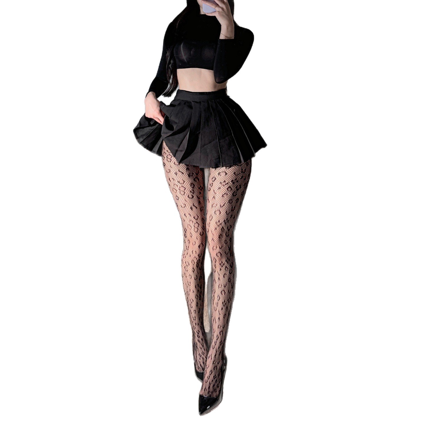 Bency sexy calcetines de lazos de encaje de rodilla delgada tono negro abstinencia HW Leopard 01 no se abre image 6