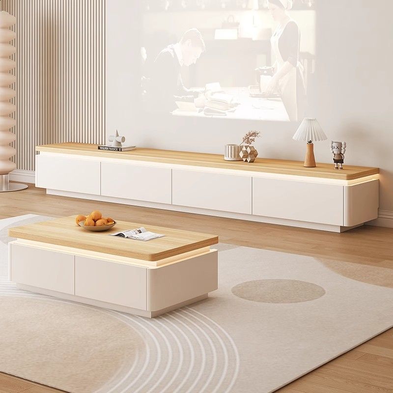 Ambient Light Solid Wood Tv Cabinet Coffee Table Combination Modern Minimalist Living Room Retro Cream Style Background Wall Tv Cabinet