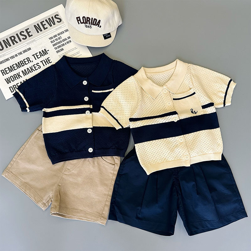 2025 Summer Children's Clothing Hollow-out Color Block Ice Silk Knit Sweater Stylish Baby Versatile Breathable Short-sleeved Polo Shirt
