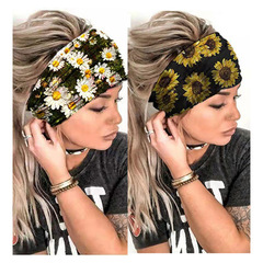 European and American hijab women's new printed chrysanthemum pattern stretch polyester cloth sports sweat-absorbent wide headband