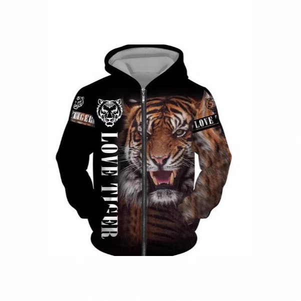 temu cross-border Europe and the United States new cardigan men's 3D digital printing lion tiger print fashion zipper hoodie