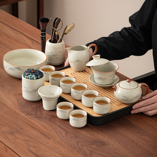 Ru Kiln Kung Fu Tea Set for Home Use, New Model for Living Room, Tea Brewing, Gaiwan, Teapot, Teacups, Ink Painting Style