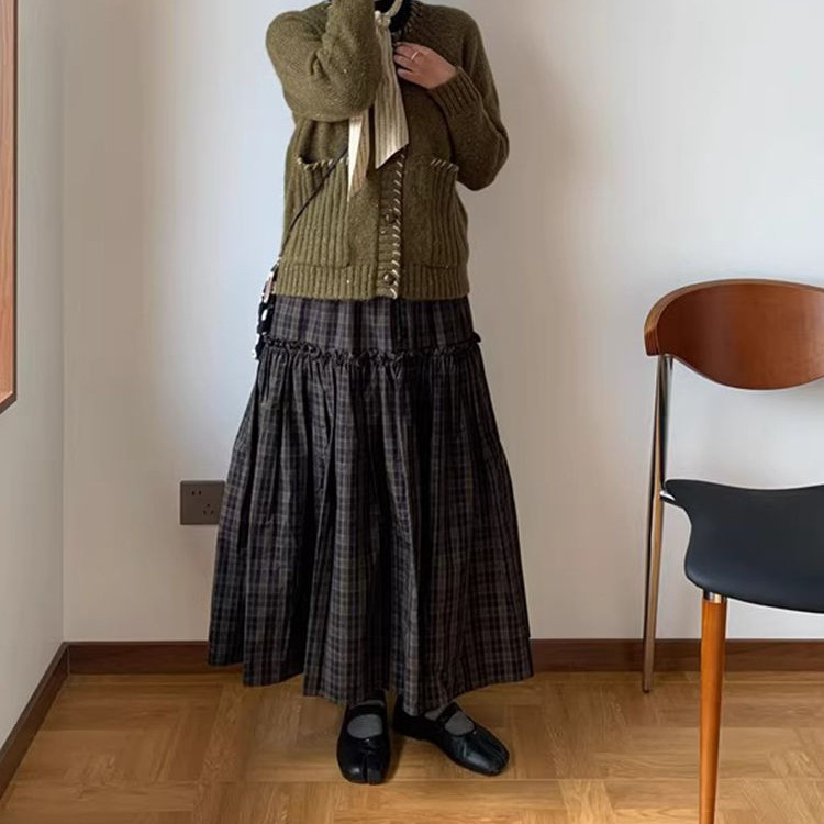 复古格纹拼接分割中长款半身裙女春秋通勤百搭松紧腰a字大摆伞裙|undefined