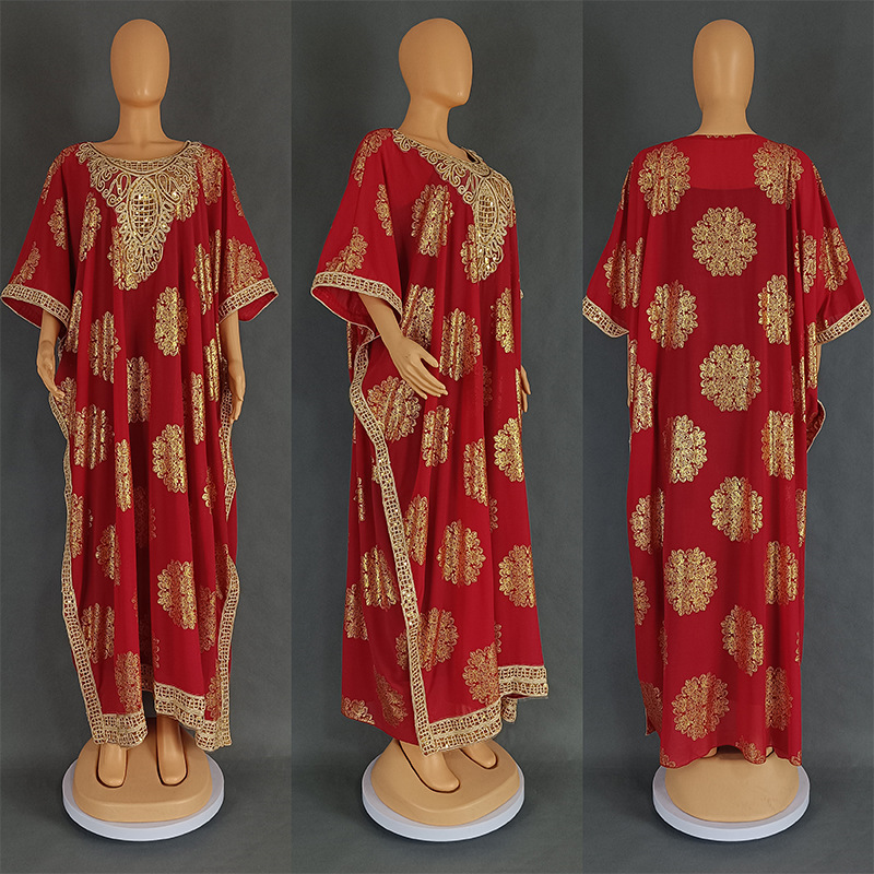 Cross-border European American Fashion Plus-size Dress, Hot-selling In The Middle East And Dubai, Gold-embossed Chiffon_ecoleips.com