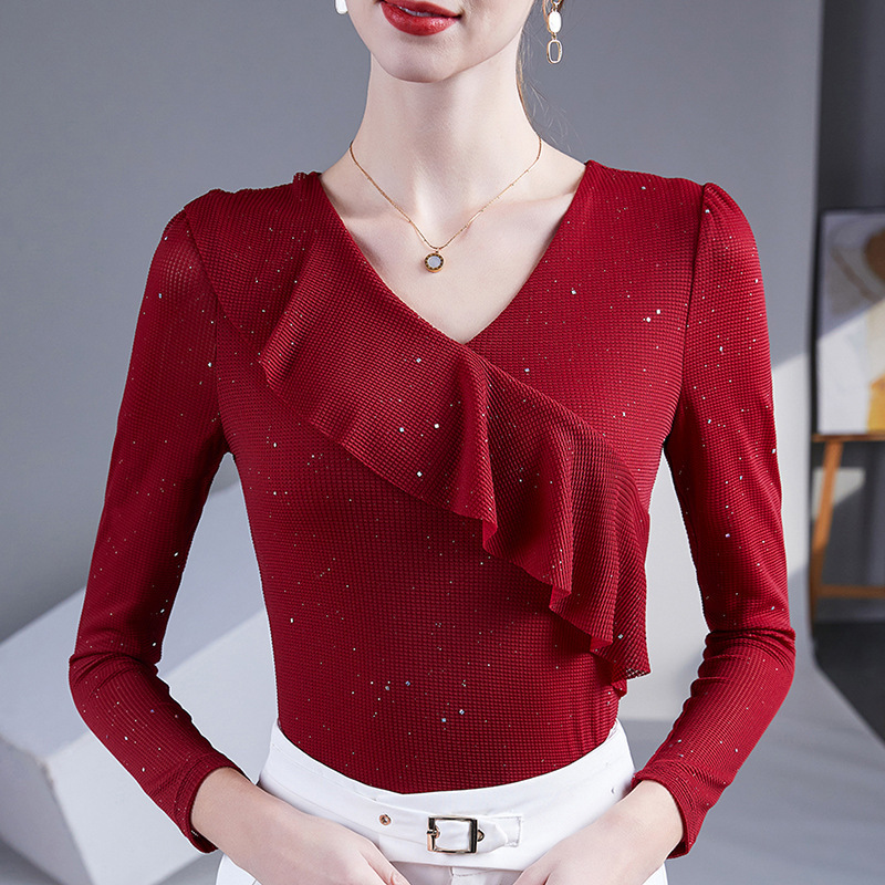 New Ruffled V-Neck Mesh Base Shirt for Women 2026 Spring and Autumn New Slim-Fit Dance Top for Women