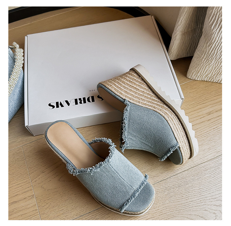 Sandal cao gót nữ hở mũi chất liệu denim, đế xuồng bện cói, gót cao 9 cm — Cao bồi xanh chi tiết 16