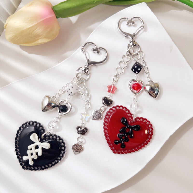 Y2K Red and Black Sweet Cool Style Heart Bow Mobile Phone Chain Personalized Bag Pendant Earphone Coin Purse Pendant Keychain