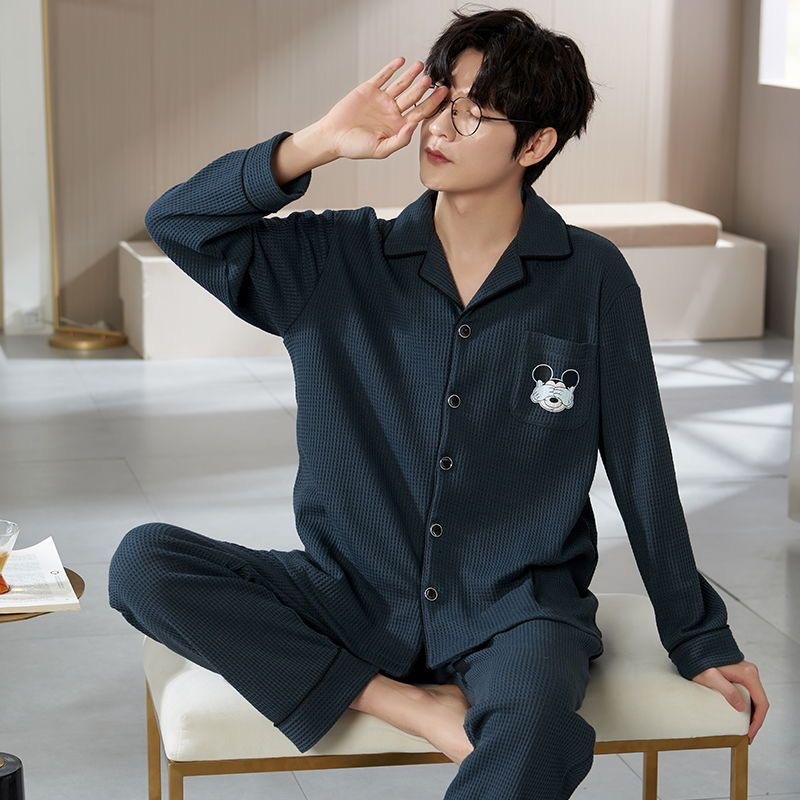 남성용 여름 순면 잠옷, 봄, 가을 캐주얼 긴팔 바지, 루즈한 가을 겨울 대형 홈웨어, 야외에서 착용 가능