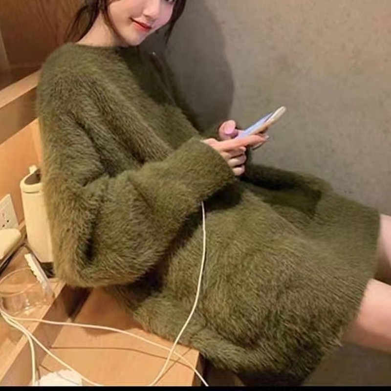 春秋加厚中长款上衣圆领针织衫打底外搭仿水貂绒慵懒风大码毛衣女