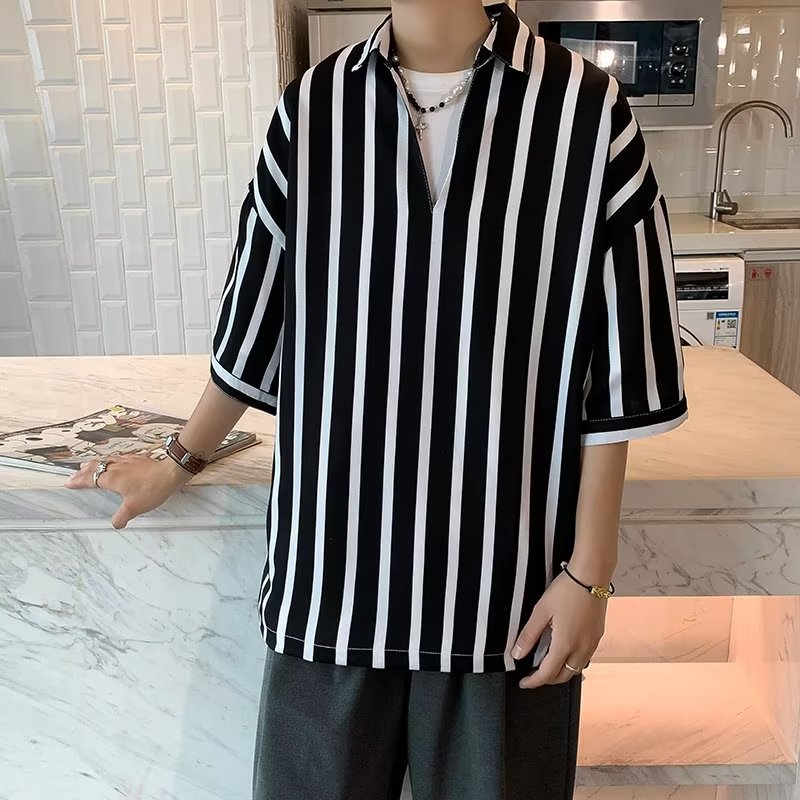 Camisa coreana de media manga para hombre de primavera y verano, camisa casual de manga corta hermosa de moda para hombre, chaqueta a rayas, manga tres cuartos