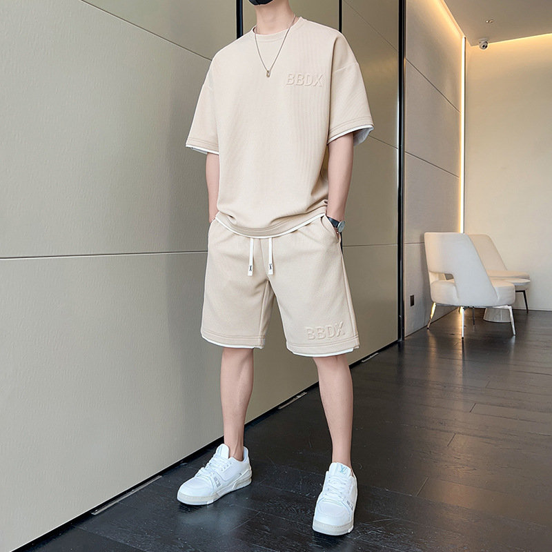 Waffle Summer Plus Size Casual Short-Sleeve Trendy Set for Men - Breathable, Versatile, Stylish, Loose-fitting Sports Two-Piece Set