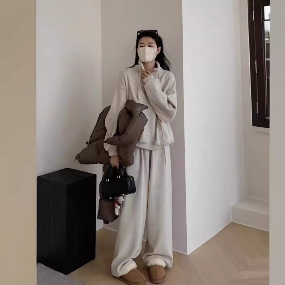 Tuta sportiva casual in cashmere ActiveGo Lazy Style per donna, felpa con collo alto e gamba larga, foderata in pile, calda per autunno e inverno_voghion.com