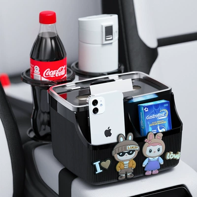 Car tissue box/set – Storage Box, Car Armrest Box - a-couples-choice-black-base-dual-cup-holders-7th-generation-upgrade
