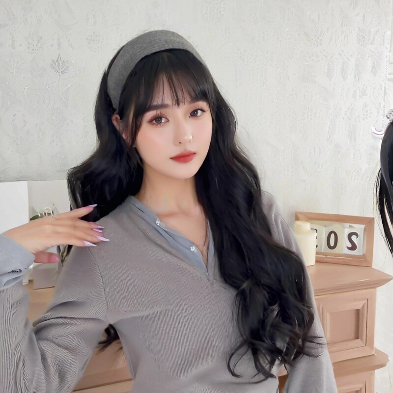 Korean women's knitted hairband wig one-piece large wave long curly hair half head cover source factory in stock first