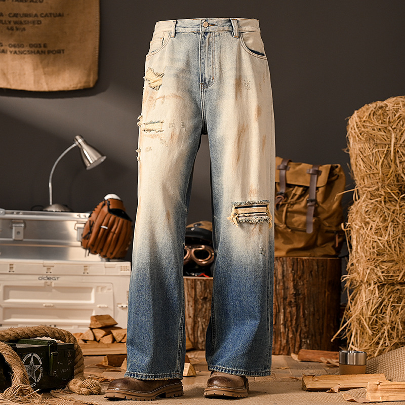 Vintage Denim Jeans For Men Distressed Wide Leg Patchwork Retro_voghion.com