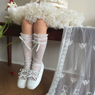 hotmoon春夏新品薄款梦幻花边蝴蝶结女儿童宝宝学生中筒堆堆袜女