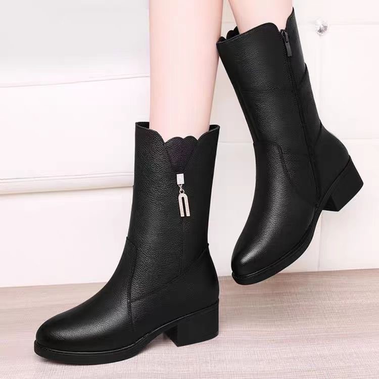 2025 New Winter Fleece-Lined Thickened Warm Chunky Heel Martin Boots Women Mid-Calf Boots Mid-Heel Fashion Versatile Snow Boots