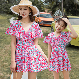Mother and Daughter Parent-Child Swimsuit Hot Spring Seaside Vacation Parent-Child Suit Cherry One-Piece Skirt Children's Split Boxer Swimsuit