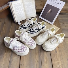 百匡復古圓頭小香風仙女鞋設計感小眾系帶小白鞋蝴蝶帆布鞋子