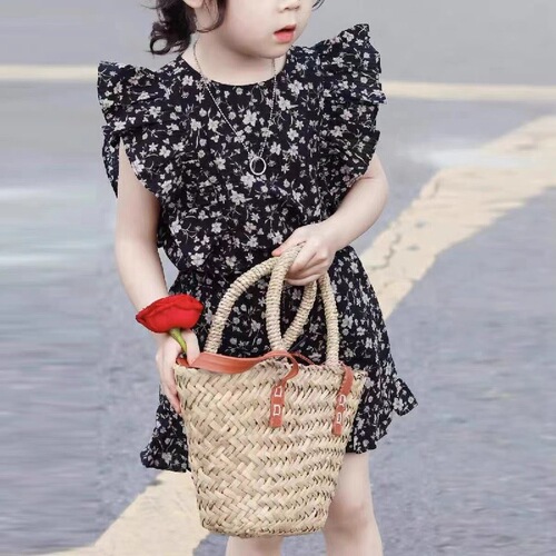 Korean Children's Set for Girls 2024 Summer Fashion Black Floral Short Sleeve Blouse and Shorts Two-Piece Set