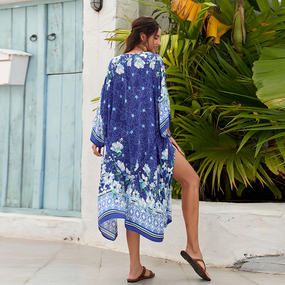 3-color transfronterizo europeo y americano bohemio cardigan kimono rayón impreso playa blusa bikini ropa de protección solar 3824